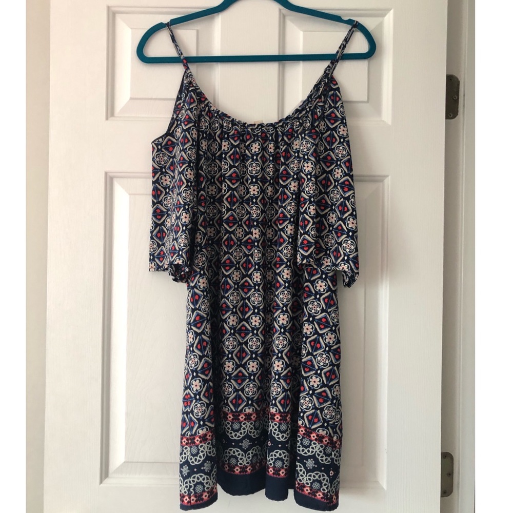 Blue print cold shoulder dress